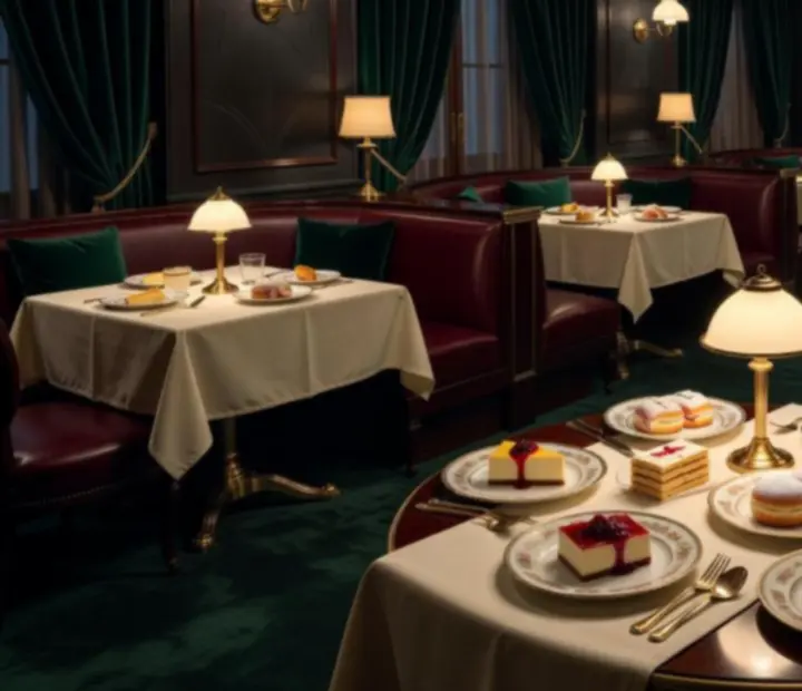 Elegancka sala restauracyjna w stylu Art Deco z ciemnoszmaragdowym wystrojem i efektownie podanymi deserami, w tle subtelny salon kart z żetonami.