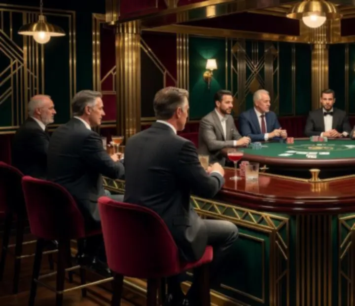 Wieczorna scena barowa z koktajlami i elegancką strefą kart, ruletki i blackjacka