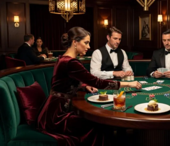 Strefa blackjacka w restauracji z welurowymi fotelami i deskami serów