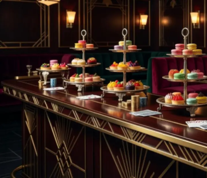 Detale wnętrza restauracji w stylu Art Deco: geometryczny blat, mosiężne akcenty, szlachetne drewno i kasynowe akcenty obok deserów.