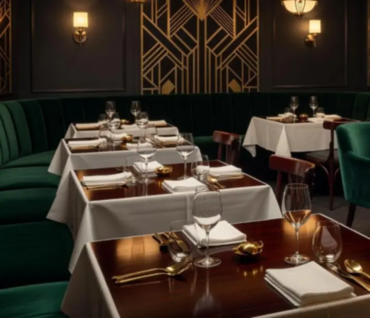 Ciemne, eleganckie stoły restauracyjne w stylu art déco z akcentami kart i żetonów