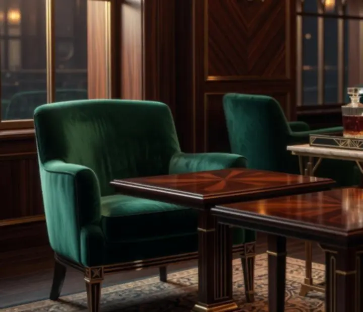 Oaza relaksu z welurowymi fotelami i mosiężnymi detalami w restauracji