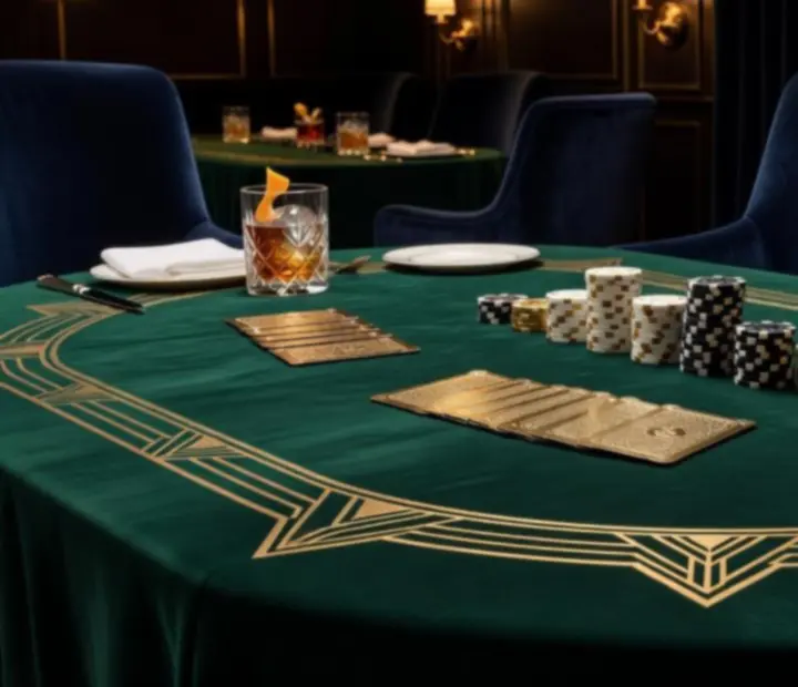 Elegancki stół pokerowy z kartami do gry i żetonami w stylu art déco