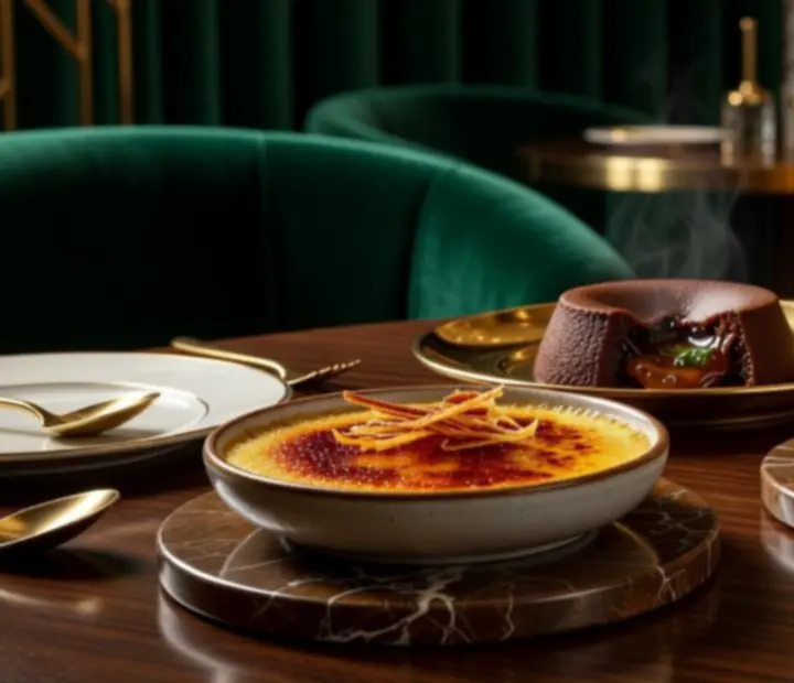 Zestaw eleganckich, autorskich deserów inspirowanych kuchnią polską i europejską podanych w restauracji w stylu Art Deco.