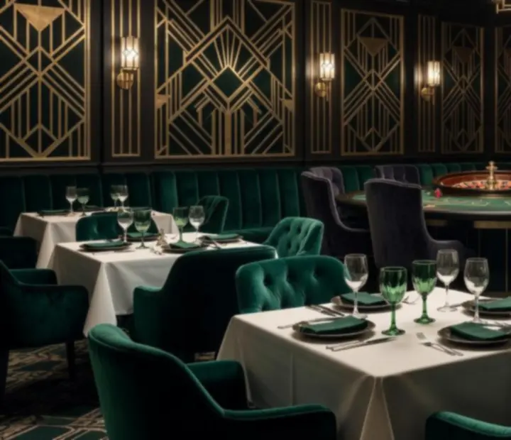 Ciemna, elegancka sala restauracyjna z nakrytymi stołami i subtelnymi akcentami salonu kart