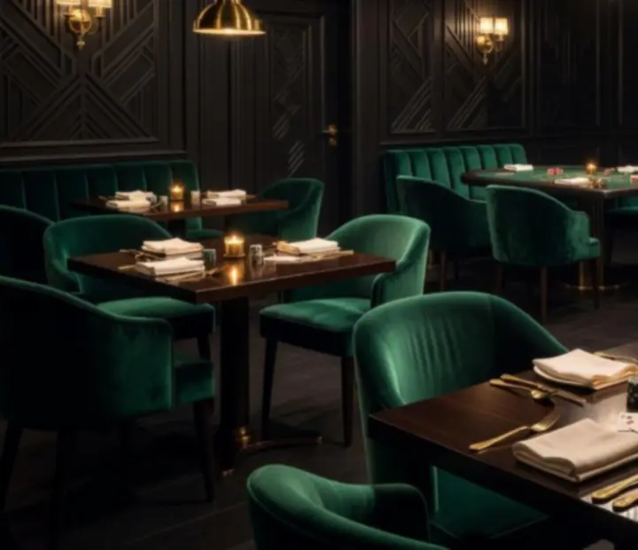Cinematiczny salon kart z eleganckimi stołami pokerowymi i ruletką w restauracji