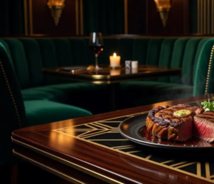 Artystycznie podany steak na eleganckim talerzu w stylu Art Deco