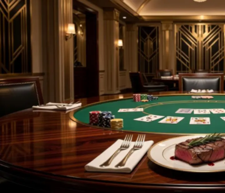 Talerz ze stekiem na stole inspirowanym zielonym suknem pokerowym z kartami i żetonami w tle