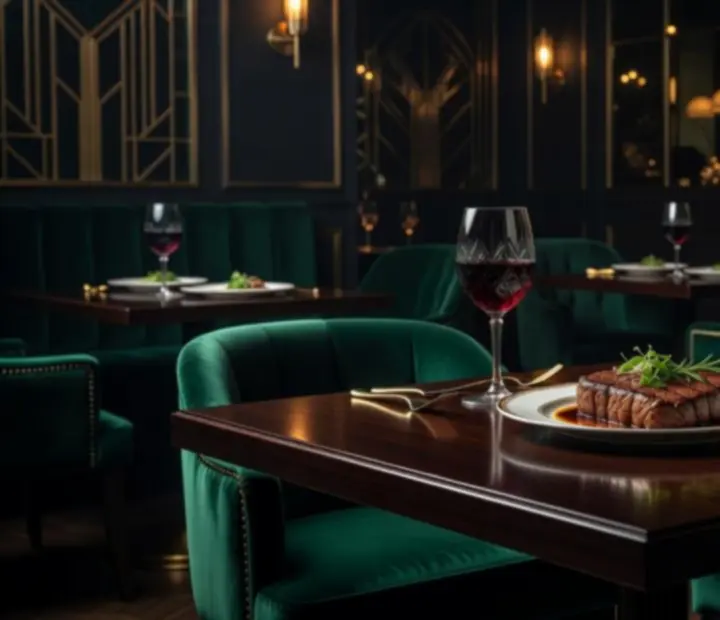 Soczysty steak premium serwowany w eleganckim wnętrzu bistro z ciemnym drewnem i szmaragdowymi akcentami