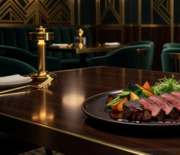 Steak z dojrzewającej wołowiny serwowany wieczorem w eleganckim wnętrzu restauracji Wonderstar s. r. o..