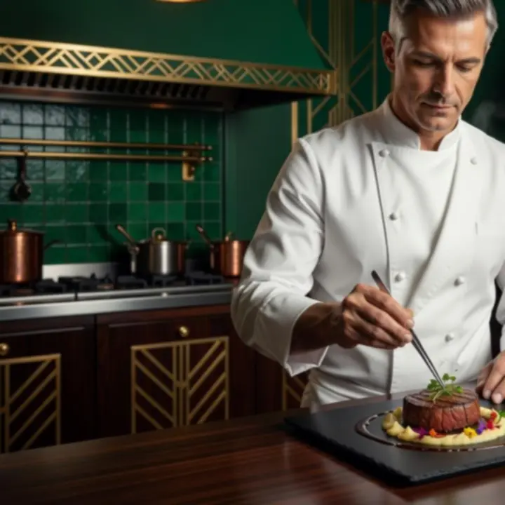 Szef kuchni układa steak na talerzu w eleganckiej restauracji