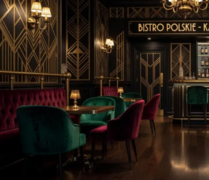 Wnętrze restauracji Wonderstar s. r. o. w stylu art déco z mrocznym drewnem, szmaragdowym welurem, burgundowymi akcentami i detalami z mosiądzu.