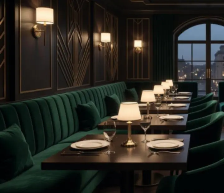 Cinematiczne wnętrze restauracji Wonderstar s. r. o. z elegancko nakrytymi stołami i inspirowaną kasynem strefą kart z żetonami i stołami pokerowymi.